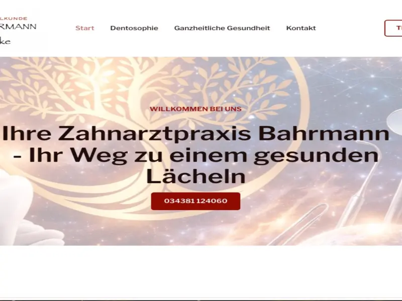Screenshot einer Zahnklinik-Website mit einer Willkommensnachricht, dem Kliniknamen, einer Grafik mit einem lächelnden Gesicht, zahnmedizinischen Werkzeugen und einer Schaltfläche zur Terminvereinbarung. Der Hintergrund zeigt ein leichtes abstraktes medizinisches Design.